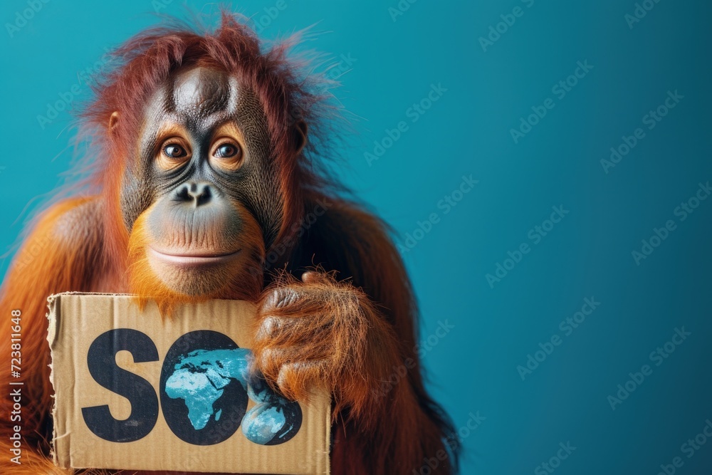 Orangutan holding a sign saying SOS, save the planet, Earth Day concept.