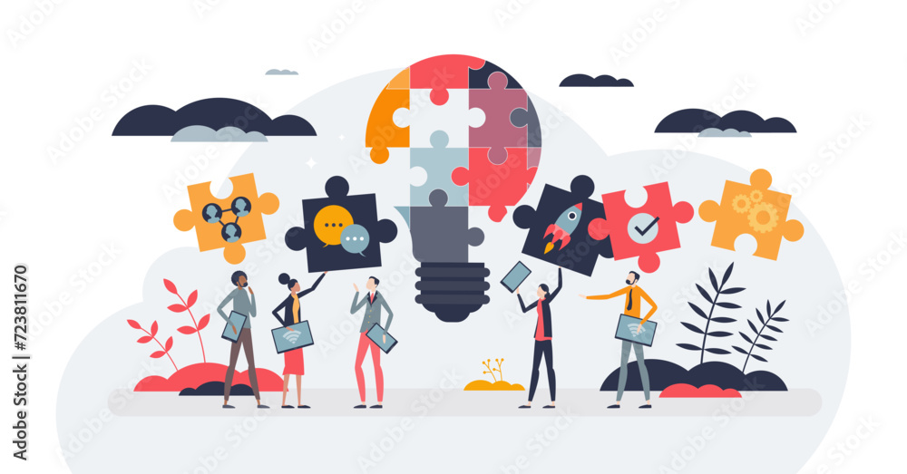 Collaborative brainstorming tools for new creative ideas tiny person concept, transparent background.Teamwork communication as effective management illustration.
