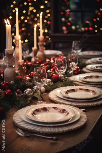 A festive table set for a holiday dinner, adorned with candles and ornaments. Perfect for creating a warm and inviting atmosphere. Ideal for holiday-themed events and celebrations