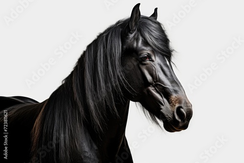 A black horse with long hair standing in front of a white background. This image can be used for various purposes