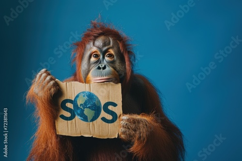 Orangutan holding a sign saying SOS, save the planet, Earth Day concept. © Deivison