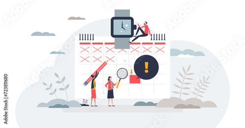 Deadline calendar and schedule for time management tiny person concept, transparent background. Efficient planning with daily tasks and works illustration. Meeting agenda and appointments reminder.