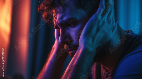 Intense gaze of a pensive man is highlighted by dramatic red and blue lighting, suggesting deep thought photo