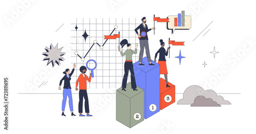 Competitor benchmarking or company evaluation tools retro tiny person concept, transparent background. Competitors evaluation with your business to understand work quality.