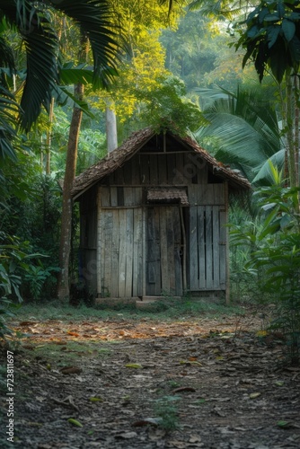Simple old wooden hut in the middle of a jungle.