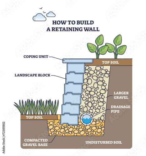 How to build retaining wall as strong soil reinforcement outline diagram, transparent background. Labeled educational scheme with landscape blocks, coping unit and top soil layer.