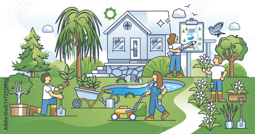 Residential landscaping services and garden architect work outline concept, transparent background. Professional planting team with precise backyard project for aesthetic environment illustration.