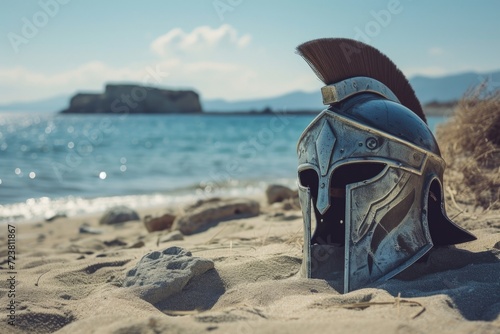 Spartan soldier helmet on the beach sand, sea in the background.