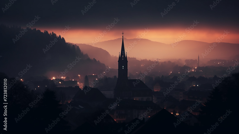 Obraz premium church in the night fog in the European mountains landscape panoramic view