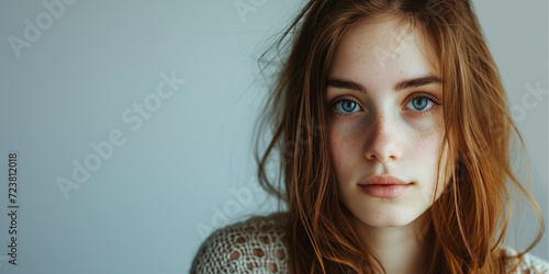 Youthful redhead with freckles and striking blue eyes, conveying depth in a minimalist light blue space photo