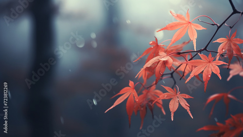 red japanese maple autumn rainy weather on gray blurred background