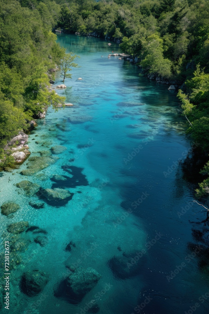 View from above of a river with crystal clear blue waters in the middle of the forest.