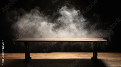 Wooden table with smoke on a black background .