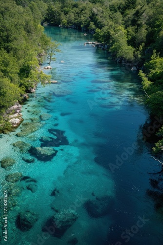 View from above of a river with crystal clear blue waters in the middle of the forest.