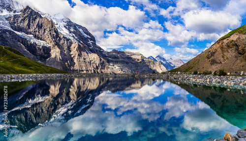 Switzerland nature .  panoramic view of Fallboden lake with turquoise water and reflections of snowy peaks. Kleine Scheidegg mountain pass famous for hiking in Bernese Alps.Swiss travel