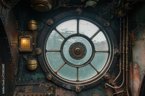 View from inside a round airship with glass, steampunk style.