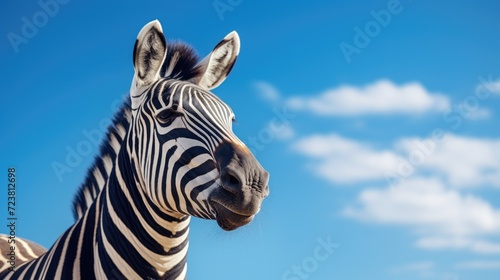 Close up of a zebra s face with a beautiful blue sky as the backdrop. Perfect for wildlife enthusiasts and animal-themed projects