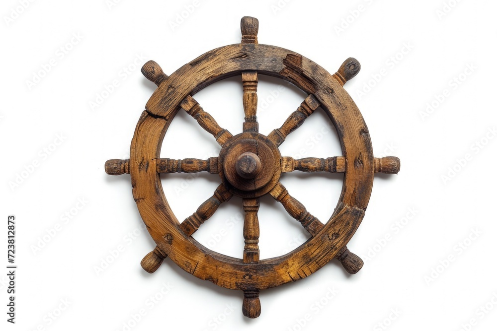 Wooden rudder of an old pirate ship, white background.