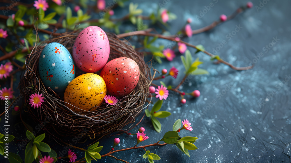 Colorful Eggs in a Bird Nest on a Table Colorful Eggs in a Bird Nest on a Table