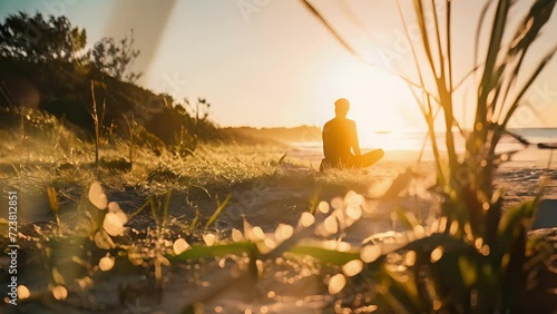 Dewy grass and sand underfoot as a man performs a seated forward fold during sunrise beach yoga.