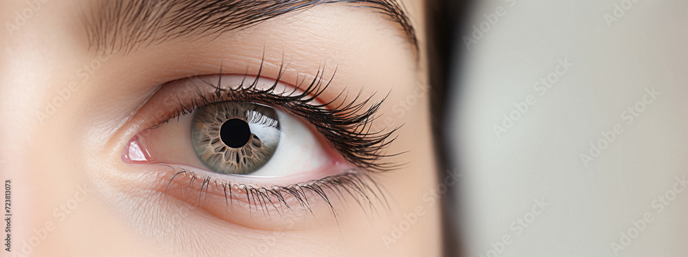Close up shot of beautiful female eye with makeup and long eyelashes . - obrazy, fototapety, plakaty 