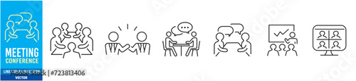 Meeting Meet Conference Brainstorm Team Work Business editable stroke icons set collection vector