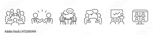 Meeting Meet Conference Brainstorm Team Work Business editable stroke icons set collection vector