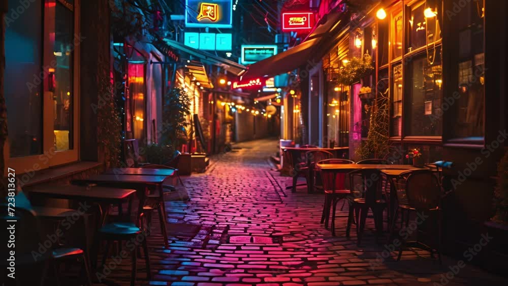 A cobblestone alley lined with trendy coffee shops and restaurants lit up by neon lights in various shapes and colors. A cobblestone alley lined with trendy coffee shops and restaurants lit up by neon lights in various shapes and colors.