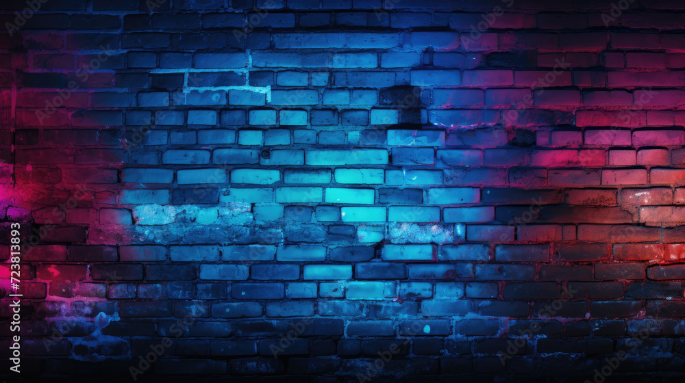 Old brick wall background, neon lights grunge texture or pattern for design. Generative ai Old brick wall background, neon lights grunge texture or pattern for design. Generative ai