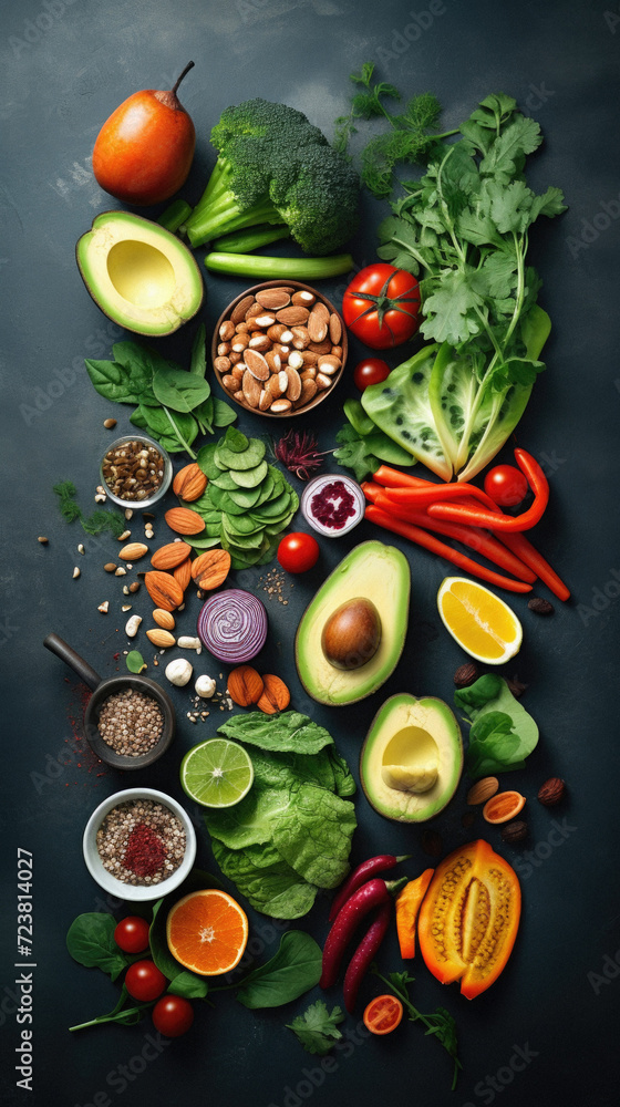 Healthy food clean eating selection. Fruits, vegetables, seeds and superfoods. Balanced diet. Top view .