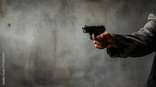 Hand holding a firearm on defocused gray background with copy space for text placement
