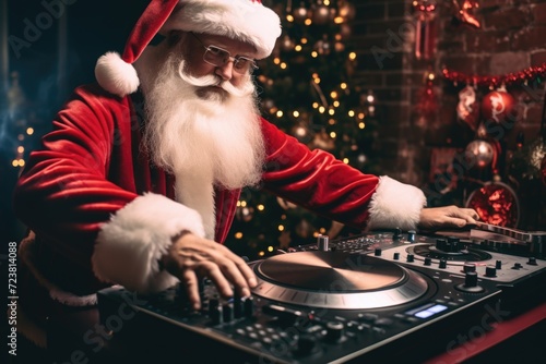 Santa Claus dressed in his iconic red suit and hat, spinning tunes as a DJ. Perfect for holiday parties and festive events