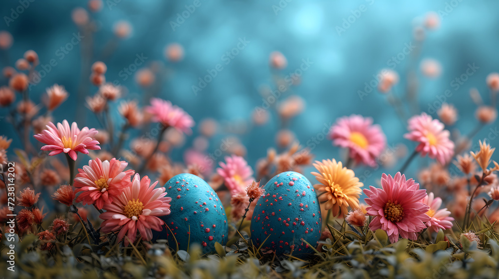 Group of Blue Eggs on Field of Flowers Group of Blue Eggs on Field of Flowers