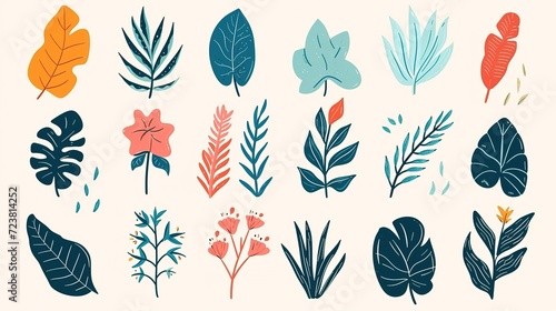 Simple Abstract hand drawn various shapes and doodle Botanical Nature flowers and Leaves objects contempo,rary modern trendy vector Illustration elements. ,generative ai