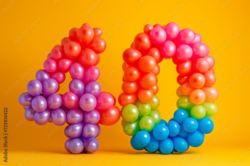 Number 40 made out of colorful balloons with a solid background. Age, anniversary, birthday, party celebration background.