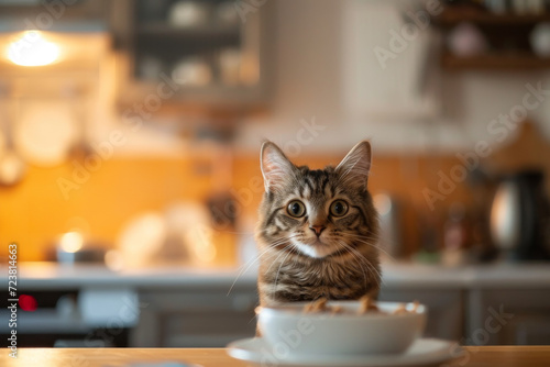 Beautiful domestic cat eating cat food from a bowl