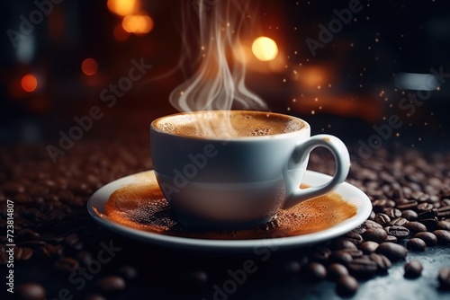 A picture of a steaming cup of coffee, perfect for coffee lovers. Can be used to illustrate the concept of a cozy morning, caffeine addiction, or a warm beverage
