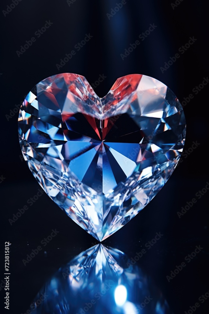 A heart-shaped diamond sitting on top of a table. Suitable for jewelry and luxury product concepts A heart-shaped diamond sitting on top of a table. Suitable for jewelry and luxury product concepts