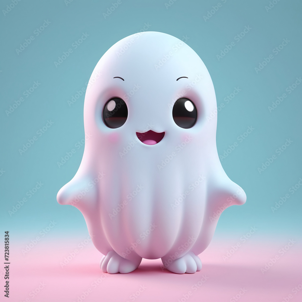 Cute 3D render friendly smile halloween white ghost on a pastel background Cute 3D render friendly smile halloween white ghost on a pastel background