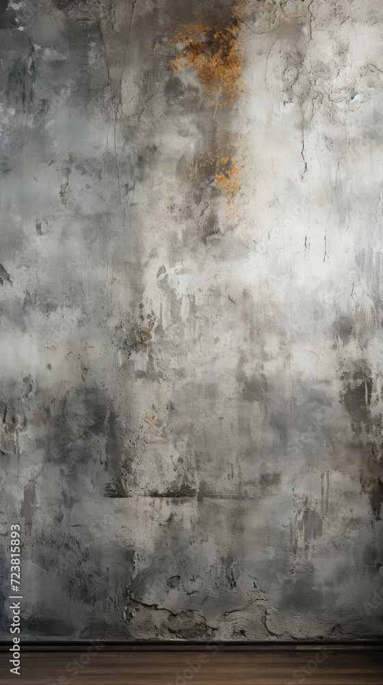 Grunge textured background. Gray concrete wall and wood floor