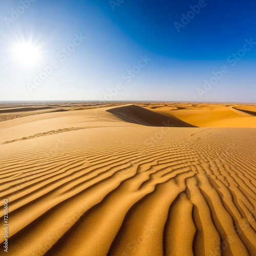 Panorama of landscape Sahara desert with sandy dunes and   blue sky sunny summertime day  nature background. Photo of desert hills with sands. Sahara  Tozeur city  Tunisia  Africa. Copy ad text space