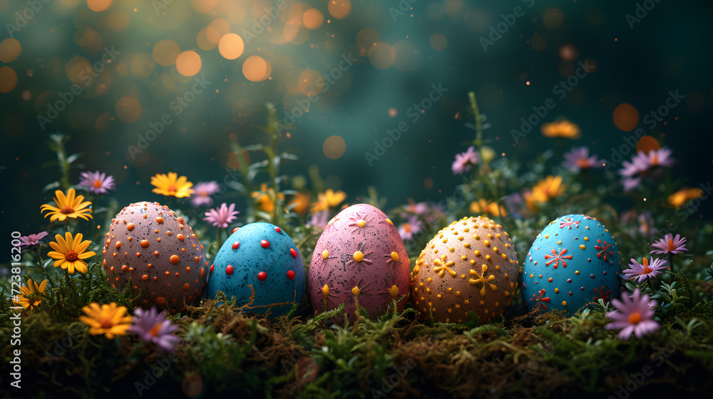 Group of Painted Eggs Sitting on Moss Covered Ground Group of Painted Eggs Sitting on Moss Covered Ground