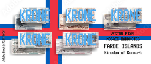 Vector set of pixel mosaic banknotes of Faroe islands. Collection of notes in denominations of 50, 100, 200, 500 and 1000 krones. Obverse and reverse. Play money or flyers.
