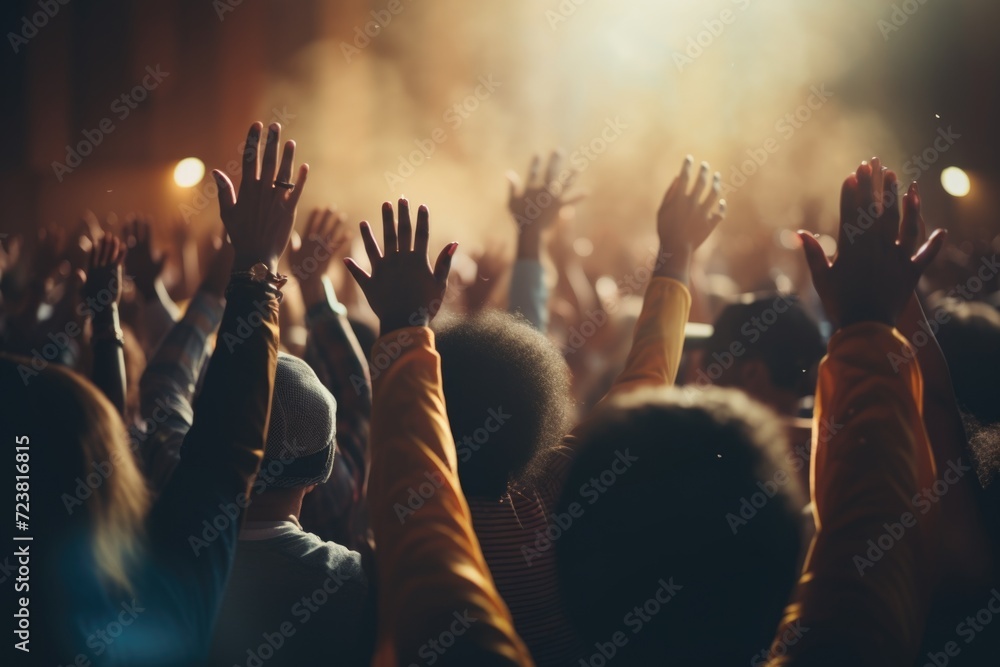 A crowd of people raising their hands in the air. Suitable for various purposes