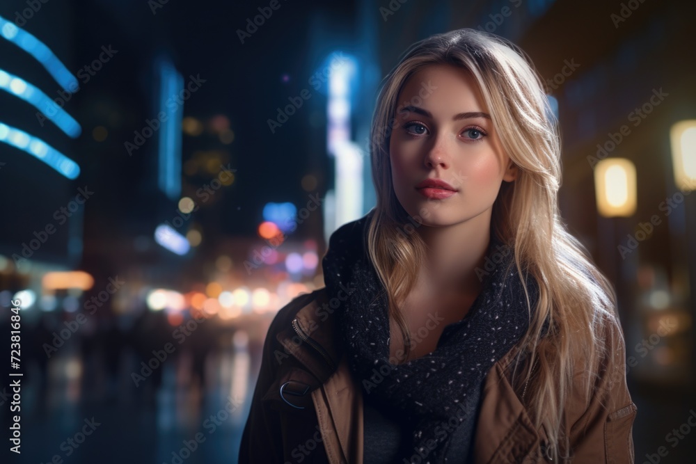A woman standing on a city street at night. Can be used to depict urban life, nightlife, or cityscape. Suitable for website banners, blog posts, or social media content