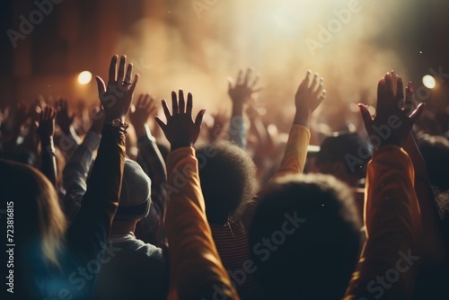 A crowd of people raising their hands in the air. Suitable for various purposes