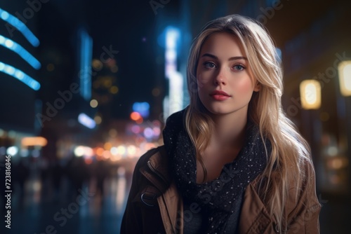 A woman standing on a city street at night. Can be used to depict urban life  nightlife  or cityscape. Suitable for website banners  blog posts  or social media content