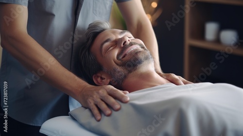 A man receiving a massage in a relaxing room. Perfect for spa and wellness concepts