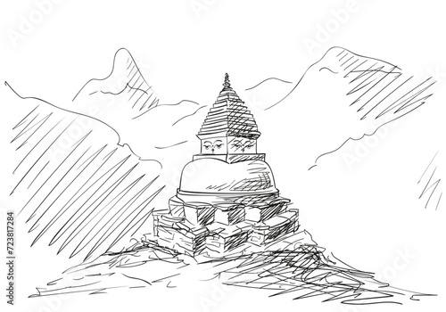 Buddhist stupa in the Himalayas, hand drawn vector illustration, religious sacred symbol of Buddhism in the mountains, freehand sketch