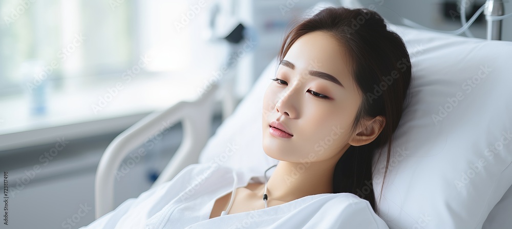 Unhappy woman in white patient gown lying on hospital bed with copy space for text placement